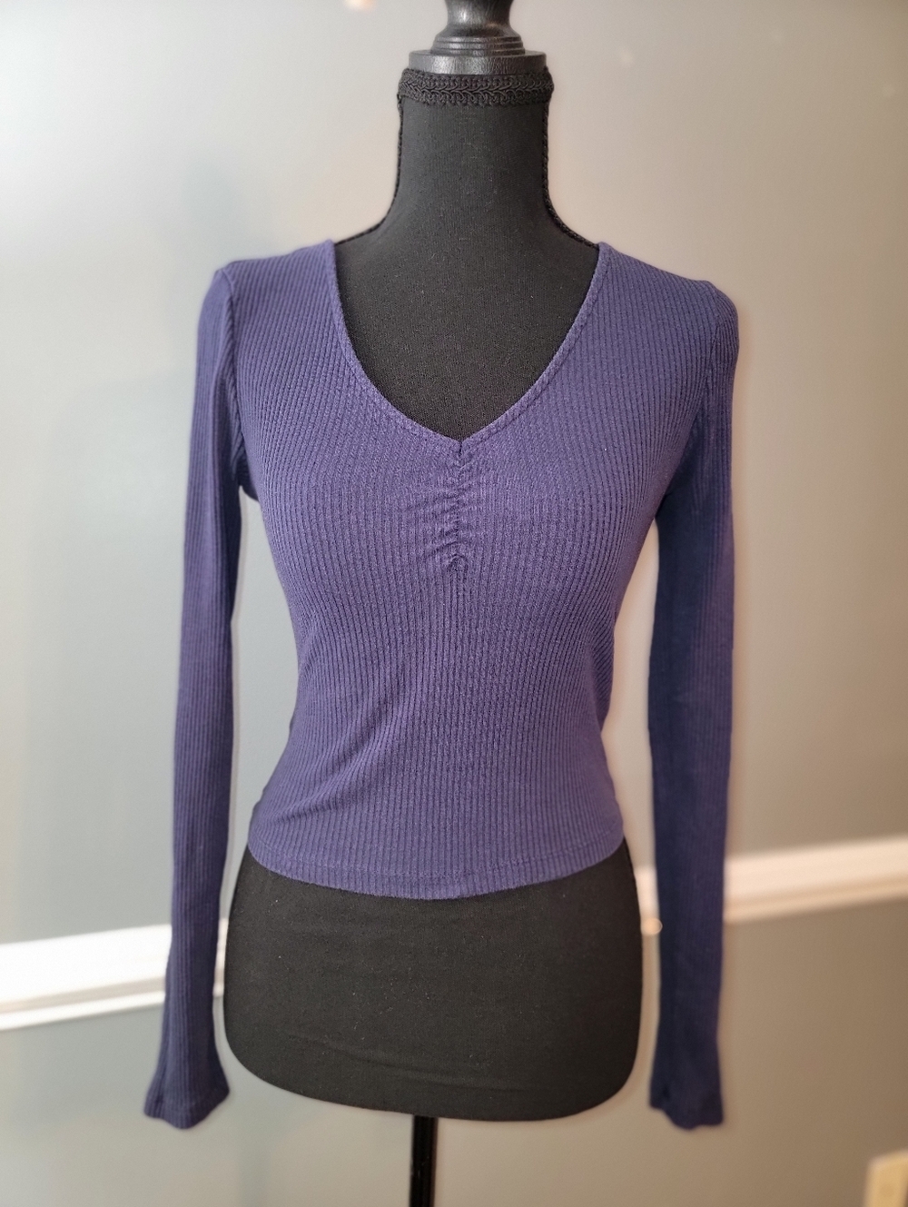 PacSun Cropped Ribbed V-Neck Long Sleeve Top